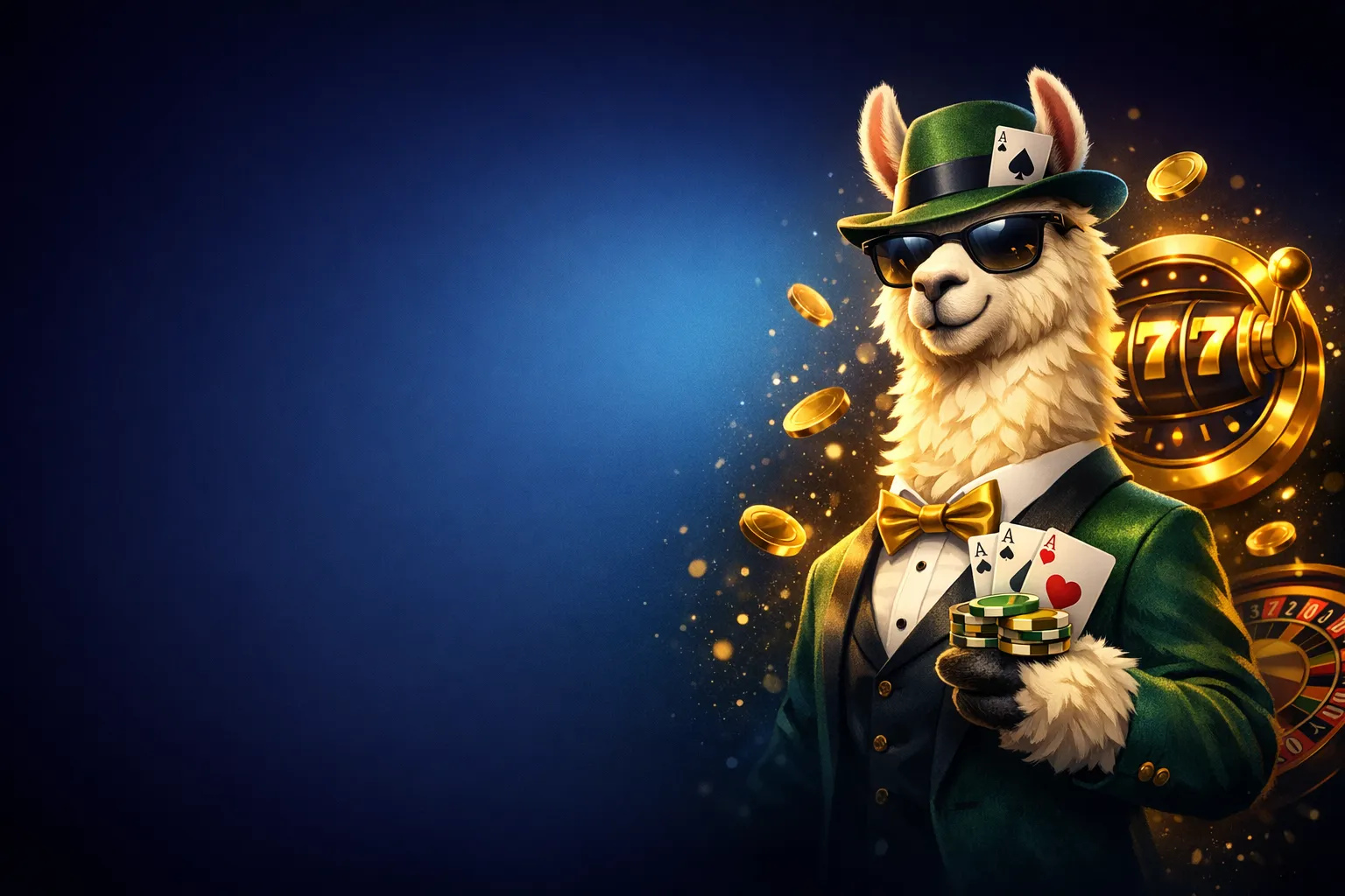 Stylized 3D lama mascot in a premium deep navy casino setting with golden accent rim lighting and bokeh particles